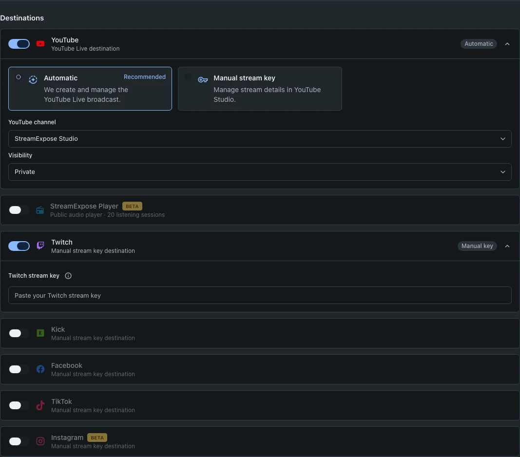 YouTube and Twitch enabled in the same destination list.