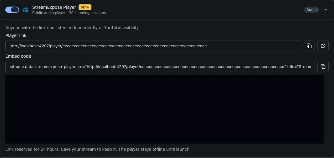 StreamExpose Player enabled, showing its public link and embed code.