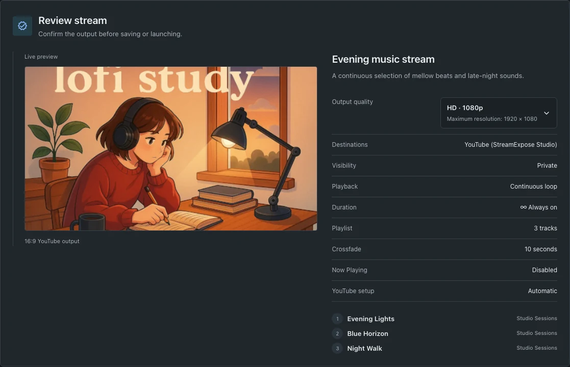 Review the audio playlist and stream configuration before launch.