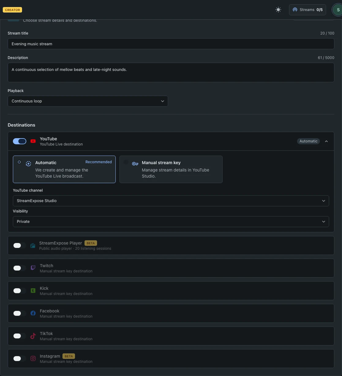 Continuous loop selected in the stream setup.